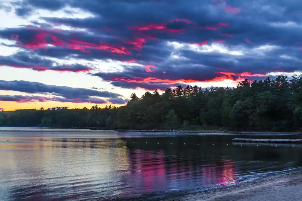 Sunset over Sebago Lake with pink clouds above a forested shore