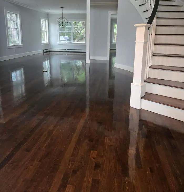 Curved staircase above a dark, high-gloss floor